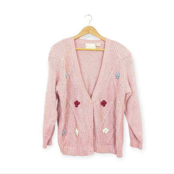 Vintage Huntington Ridge Pink V-Neck Button Front Hand Knit Cardigan - Picture 1 of 6